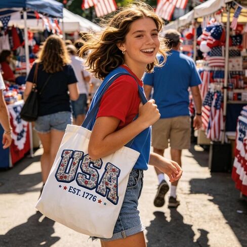 250th Anniversary Imitation 3D Embroidered USA Canvas Tote Bag for Men Women, EST 1776 Patriotic Floral Design 4th of July Reusable Grocery Shoulder Bag for Shopping School Party Parade Celebration in Kuwait