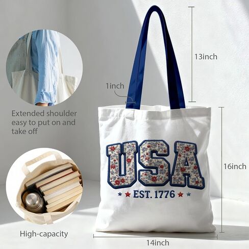 250th Anniversary Imitation 3D Embroidered USA Canvas Tote Bag for Men Women, EST 1776 Patriotic Floral Design 4th of July Reusable Grocery Shoulder Bag for Shopping School Party Parade Celebration in Kuwait