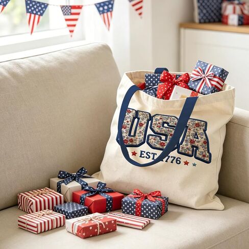 250th Anniversary Imitation 3D Embroidered USA Canvas Tote Bag for Men Women, EST 1776 Patriotic Floral Design 4th of July Reusable Grocery Shoulder Bag for Shopping School Party Parade Celebration in Kuwait