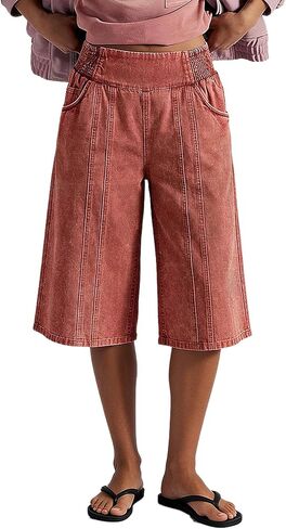 Flamingals High Rise Wide Leg Capri Pants for Women Seam Front Trendy Shirred Casual Baggy Crop Pants with Pockets in Kuwait