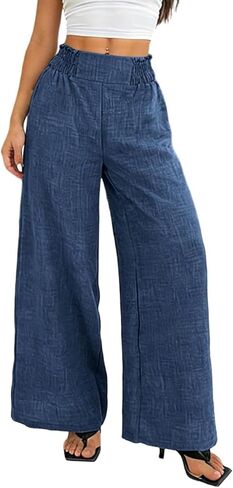 Womens High Waisted Pants, Summer Casual Wide Leg Palazzo Pants for Work Office Business Loose Casual Comfy Trouser in Kuwait