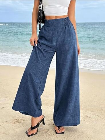 Womens High Waisted Pants, Summer Casual Wide Leg Palazzo Pants for Work Office Business Loose Casual Comfy Trouser in Kuwait