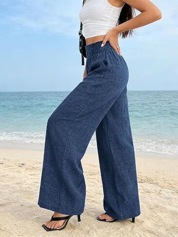 Womens High Waisted Pants, Summer Casual Wide Leg Palazzo Pants for Work Office Business Loose Casual Comfy Trouser in Kuwait