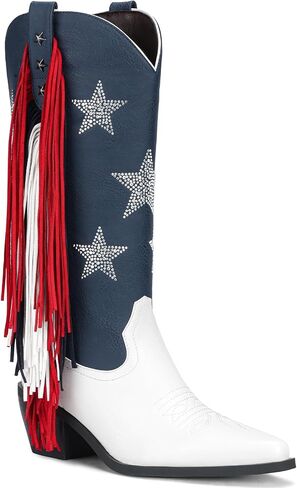 Rhinestone Cowboy Boots for Women With Fringe - 4th of July Patriotic Outfit for Women American Flag Palette with Mid-Calf Pointed Toe Chunky Heel in Saudi Arabia