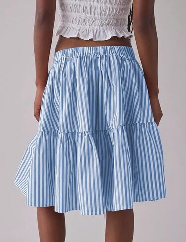 Wanzetaly Women's Casual Striped Skirts Cotton Midi Skirt A Line Elastic Back Waist Ruffle Skirt(0606-Blue-L) in Saudi Arabia