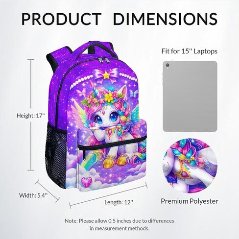 Girls Unicorn Backpack, 17 Inch Kids Rainbow Bookbag | Water-Resistant Polyester Kindergarten School Bag with Multiple Organizer Pockets in Saudi Arabia