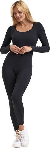 Women's Black Long Sleeve Jumpsuit Full Body Suit Square Neck Compression Romper for Yoga Workout in Kuwait