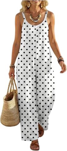 Milumia Women's Polka Dots Jumpsuit One Piece Sleeveless Wide Leg Overalls Casual Loose Rompers with Pockets in Kuwait