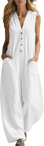 Womens Linen Jumpsuit Sleeveless Casual Wide Legs Rompers Baggy Button Down V Neck Summer Overalls with Pockets in Saudi Arabia