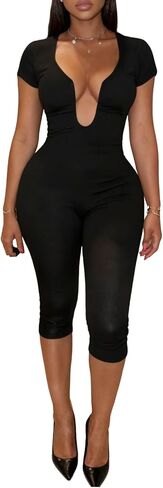Women Sexy Deep U Neck Bodycon Jumpsuits Short Sleeve One Piece Romper Club Outfits in Saudi Arabia
