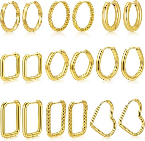 Surgical Steel 14k Gold Plated Huggie Hoop Earrings Set for Women,Stainless Steel Waterproof Non Tarnish Earrings for Hypoallergenic Lightweight and Multiple Piercing in Saudi Arabia