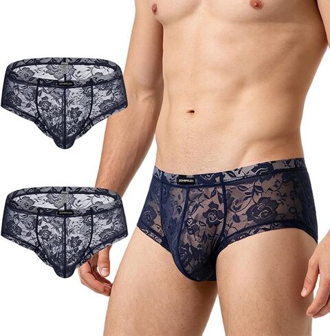 JINSHI Men's Sheer Lace Bikini Briefs Sexy See-Through Underwear Pouch Breathable Low Rise Floral Lace Panties in Kuwait