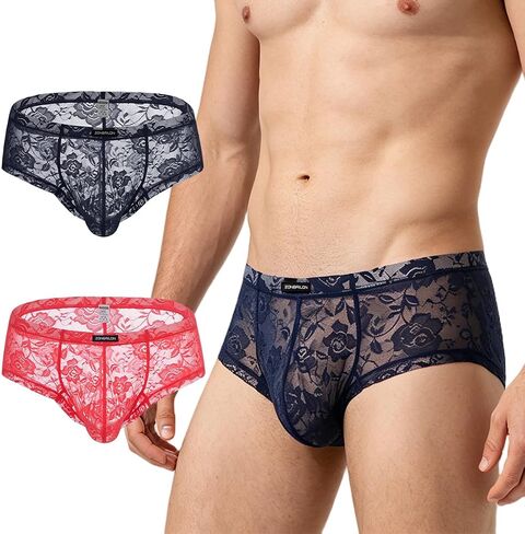 JINSHI Men's Sheer Lace Bikini Briefs Sexy See-Through Underwear Pouch Breathable Low Rise Floral Lace Panties in Kuwait
