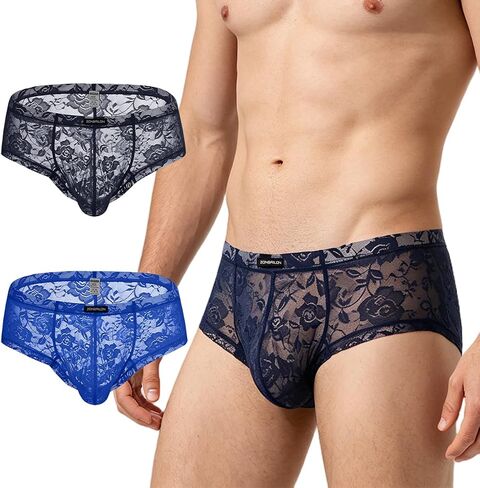 JINSHI Men's Sheer Lace Bikini Briefs Sexy See-Through Underwear Pouch Breathable Low Rise Floral Lace Panties in Kuwait