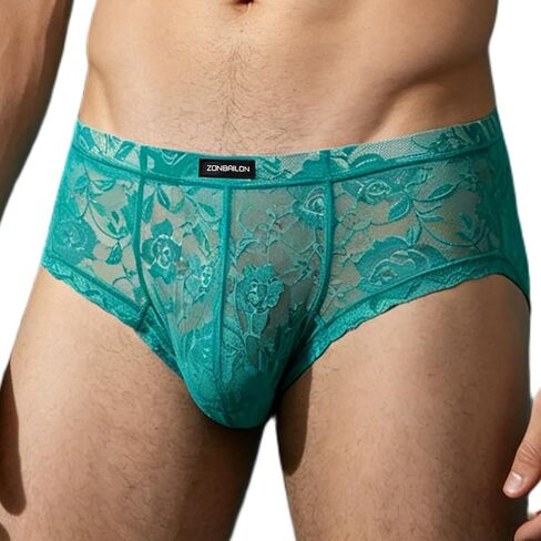 JINSHI Men's Sheer Lace Bikini Briefs Sexy See-Through Underwear Pouch Breathable Low Rise Floral Lace Panties in Kuwait