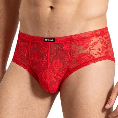 JINSHI Men's Sheer Lace Bikini Briefs Sexy See-Through Underwear Pouch Breathable Low Rise Floral Lace Panties in Kuwait
