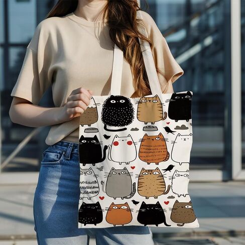 Cute Cartoon Cat Canvas Tote Bag, Reusable Canvas Shopping Bag with Kawaii Cats Pattern, Eco Friendly Grocery Tote for Daily Errands Beach Travel, Gift for Cat Lovers in Saudi Arabia