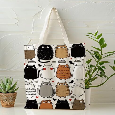 Cute Cartoon Cat Canvas Tote Bag, Reusable Canvas Shopping Bag with Kawaii Cats Pattern, Eco Friendly Grocery Tote for Daily Errands Beach Travel, Gift for Cat Lovers in Saudi Arabia