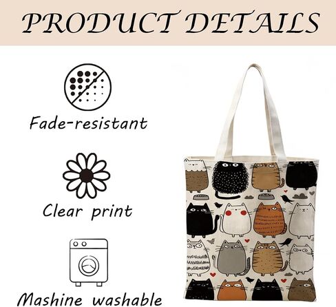 Cute Cartoon Cat Canvas Tote Bag, Reusable Canvas Shopping Bag with Kawaii Cats Pattern, Eco Friendly Grocery Tote for Daily Errands Beach Travel, Gift for Cat Lovers in Saudi Arabia