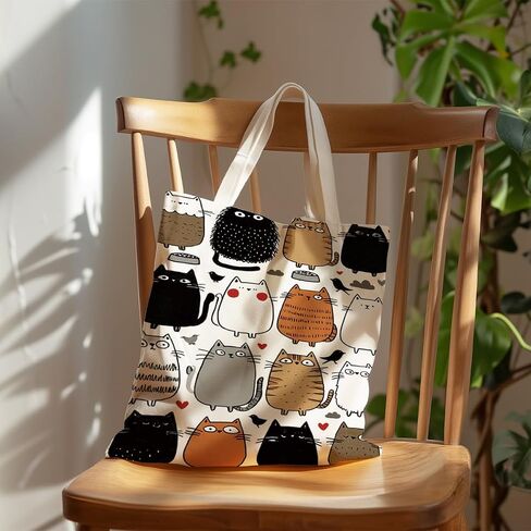 Cute Cartoon Cat Canvas Tote Bag, Reusable Canvas Shopping Bag with Kawaii Cats Pattern, Eco Friendly Grocery Tote for Daily Errands Beach Travel, Gift for Cat Lovers in Saudi Arabia