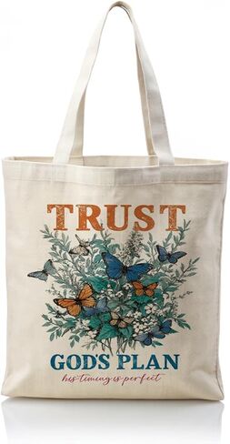 Christian Tote Bag, Trust God’s Plan Butterfly Floral Canvas Bag, His Timing Is Perfect Inspirational Bible Verse Shopper, Reusable Grocery Book Bags, Faith Christian Church Gift in Saudi Arabia