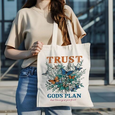 Christian Tote Bag, Trust God’s Plan Butterfly Floral Canvas Bag, His Timing Is Perfect Inspirational Bible Verse Shopper, Reusable Grocery Book Bags, Faith Christian Church Gift in Saudi Arabia