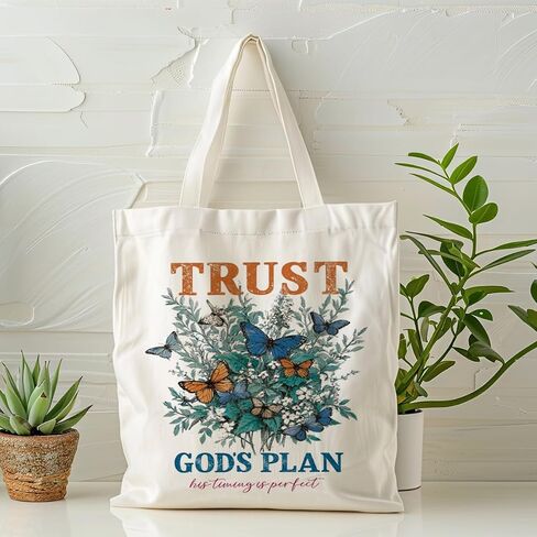 Christian Tote Bag, Trust God’s Plan Butterfly Floral Canvas Bag, His Timing Is Perfect Inspirational Bible Verse Shopper, Reusable Grocery Book Bags, Faith Christian Church Gift in Saudi Arabia