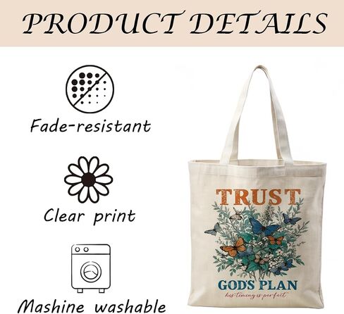 Christian Tote Bag, Trust God’s Plan Butterfly Floral Canvas Bag, His Timing Is Perfect Inspirational Bible Verse Shopper, Reusable Grocery Book Bags, Faith Christian Church Gift in Saudi Arabia
