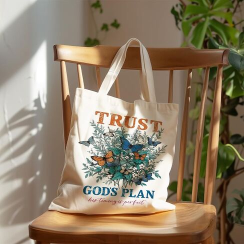 Christian Tote Bag, Trust God’s Plan Butterfly Floral Canvas Bag, His Timing Is Perfect Inspirational Bible Verse Shopper, Reusable Grocery Book Bags, Faith Christian Church Gift in Saudi Arabia