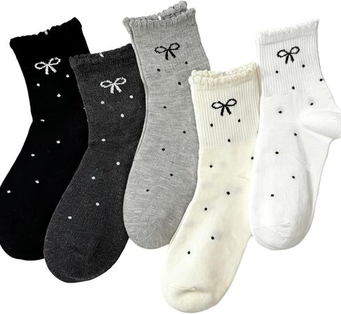 5 Pairs Ruffle Polka Dot Bow Ankle Socks for Women Grils Cute Frilly Lettuce Edge Coquette Cotton Socks Trendy Girly Aesthetic Casual Crew Sock in Saudi Arabia