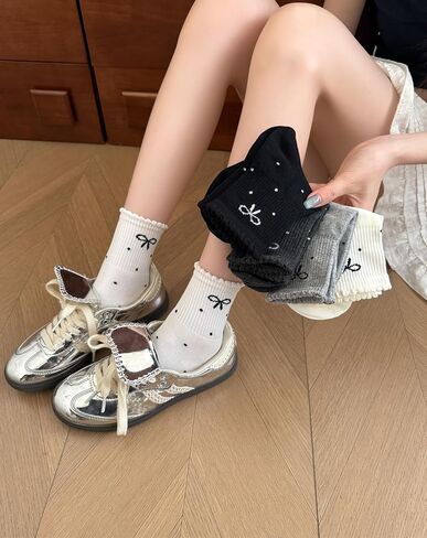 5 Pairs Ruffle Polka Dot Bow Ankle Socks for Women Grils Cute Frilly Lettuce Edge Coquette Cotton Socks Trendy Girly Aesthetic Casual Crew Sock in Saudi Arabia