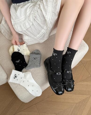 5 Pairs Ruffle Polka Dot Bow Ankle Socks for Women Grils Cute Frilly Lettuce Edge Coquette Cotton Socks Trendy Girly Aesthetic Casual Crew Sock in Saudi Arabia