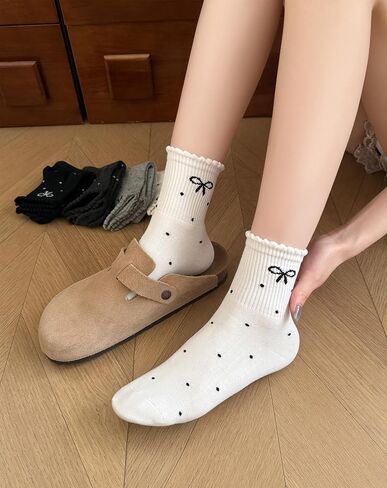 5 Pairs Ruffle Polka Dot Bow Ankle Socks for Women Grils Cute Frilly Lettuce Edge Coquette Cotton Socks Trendy Girly Aesthetic Casual Crew Sock in Saudi Arabia