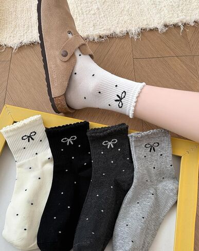 5 Pairs Ruffle Polka Dot Bow Ankle Socks for Women Grils Cute Frilly Lettuce Edge Coquette Cotton Socks Trendy Girly Aesthetic Casual Crew Sock in Saudi Arabia