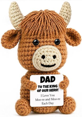 Fathers Day Mini Highland Cow Gift for Dad from Son Daughter Wife, Funny Handmade Crochet Highland Cow Birthday Gifts for Daddy Fathers Papa New Bonus Step Dads Father, I Love You Dad Gift in Saudi Arabia