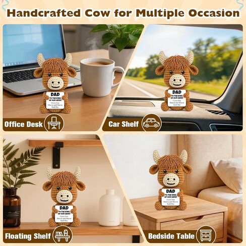 Fathers Day Mini Highland Cow Gift for Dad from Son Daughter Wife, Funny Handmade Crochet Highland Cow Birthday Gifts for Daddy Fathers Papa New Bonus Step Dads Father, I Love You Dad Gift in Saudi Arabia