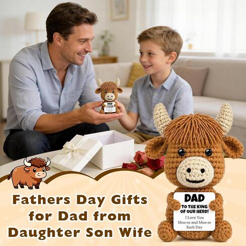 Fathers Day Mini Highland Cow Gift for Dad from Son Daughter Wife, Funny Handmade Crochet Highland Cow Birthday Gifts for Daddy Fathers Papa New Bonus Step Dads Father, I Love You Dad Gift in Saudi Arabia