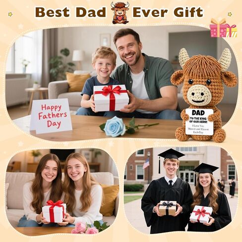 Fathers Day Mini Highland Cow Gift for Dad from Son Daughter Wife, Funny Handmade Crochet Highland Cow Birthday Gifts for Daddy Fathers Papa New Bonus Step Dads Father, I Love You Dad Gift in Saudi Arabia