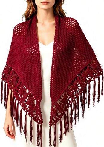 55x25in Handmade Burgundy Fringed Shawl – Fully Hand-Crocheted, Suitable for Both Casual & Formal Occasions, an Ideal Gift Choice in Saudi Arabia
