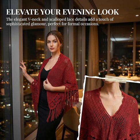 55x25in Handmade Burgundy Fringed Shawl – Fully Hand-Crocheted, Suitable for Both Casual & Formal Occasions, an Ideal Gift Choice in Saudi Arabia