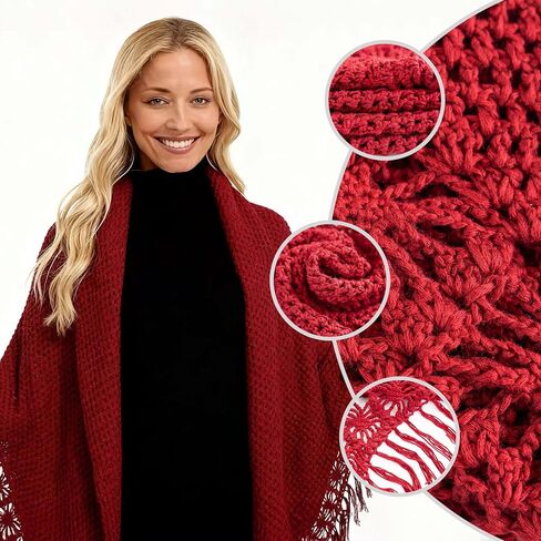 55x25in Handmade Burgundy Fringed Shawl – Fully Hand-Crocheted, Suitable for Both Casual & Formal Occasions, an Ideal Gift Choice in Saudi Arabia