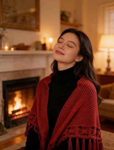 55x25in Handmade Burgundy Fringed Shawl – Fully Hand-Crocheted, Suitable for Both Casual & Formal Occasions, an Ideal Gift Choice in Saudi Arabia
