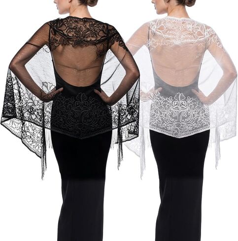 2 Pcs Lace Scarf Shawl for Women, Elegant Soft Scarf Bridal Scarve for Evening Dress, Wedding Bridal Stole, Lightweight Mesh Shawl For Party, White And Black in Saudi Arabia