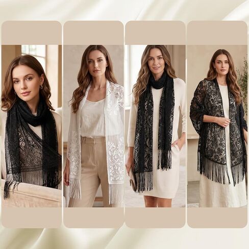 2 Pcs Lace Scarf Shawl for Women, Elegant Soft Scarf Bridal Scarve for Evening Dress, Wedding Bridal Stole, Lightweight Mesh Shawl For Party, White And Black in Saudi Arabia