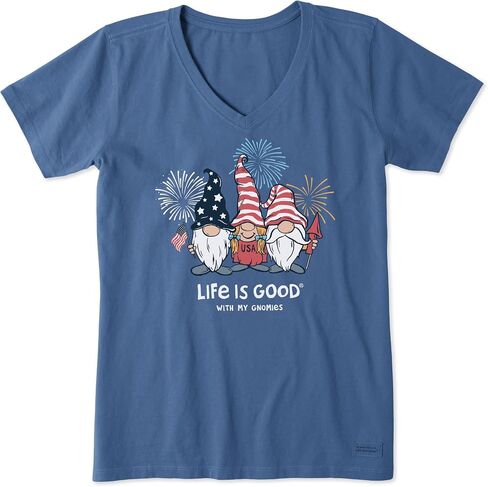 Life is Good Women's 4th of July Crusher V-Neck Tee Shirt, Short Sleeve Cotton Graphic T-Shirts, USA Gnomes, Vintage Blue, XXXL in Kuwait