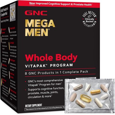 برنامج Vitapak فائق الجودة للرجال من GNC Mega Men، أفضل حزمة تغذية لعافية الذكور، مريحة، 8 منتجات في حزمة واحدة، مع مكونات مثبتة سريريًا، دعم مشترك، 30 svgs in Kuwait