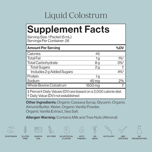 CYMBIOTIKA Liquid Colostrum, 1.5g Full Spectrum Colostrum, Grass-Fed Bovine Colostrum for Gut Health, Immune Support, Skin & Recovery, Sea Salt Vanilla Flavor, 26 Daily Packets (Single Pack) in Saudi Arabia