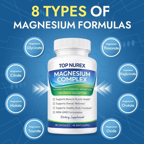 Magnesium Complex 1000 mg, 8-Source Magnesium Blend with Glycinate, Citrate, Malate & Taurate, Vegan Formula, Non-GMO, 90 Capsules in Kuwait