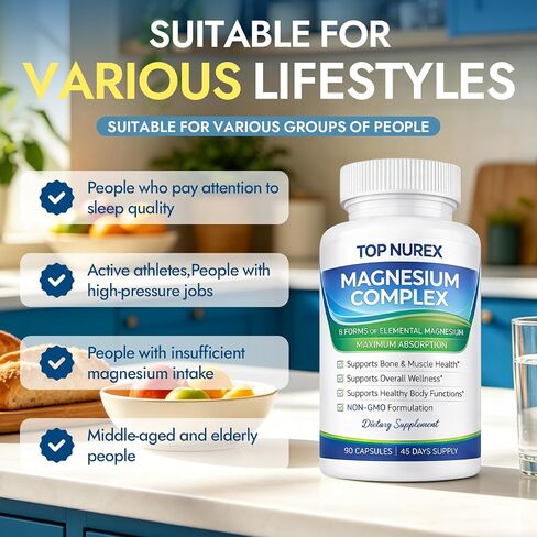 Magnesium Complex 1000 mg, 8-Source Magnesium Blend with Glycinate, Citrate, Malate & Taurate, Vegan Formula, Non-GMO, 90 Capsules in Kuwait