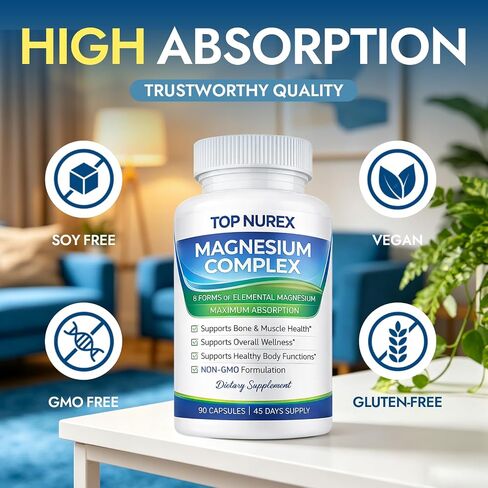 Magnesium Complex 1000 mg, 8-Source Magnesium Blend with Glycinate, Citrate, Malate & Taurate, Vegan Formula, Non-GMO, 90 Capsules in Kuwait